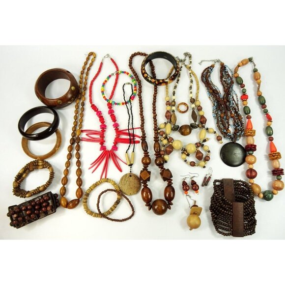 Wood Jewelry Lot 30pc Wooden Necklaces Bracelets - Picture 2 of 15
